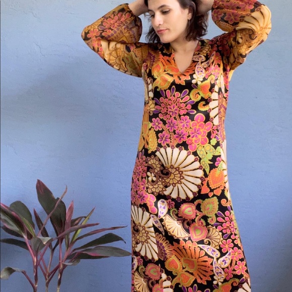 70s Retro Psychedelic Print Floral Maxi Dress - Picture 7 of 8